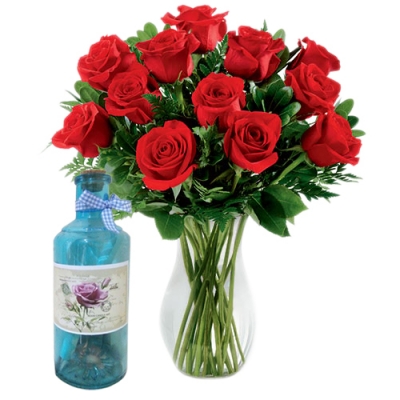 12 Red Roses in Vase with Bottle Message To Manila | Send Flower and ...