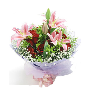 12 Red Roses with 3 Pink Perfume lilies Send to Manila Philippines