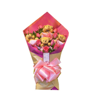 12 Pink Roses Bouquet with 4 mini Bear