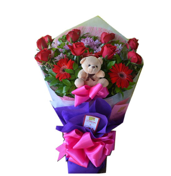 12 Red Roses Bouquet with Bear and Gerbera