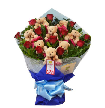 12 Red Roses Bouquet with Cute Bear