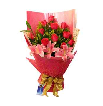 12 Red Roses with 3 Lily Bouquet