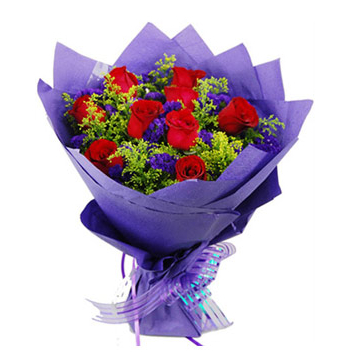 12 Red Roses in Blue Bouquet