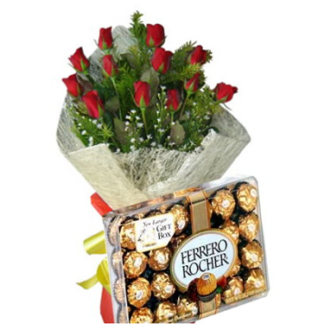 12 Red Roses Bouquet with Ferrero Chocolate Box