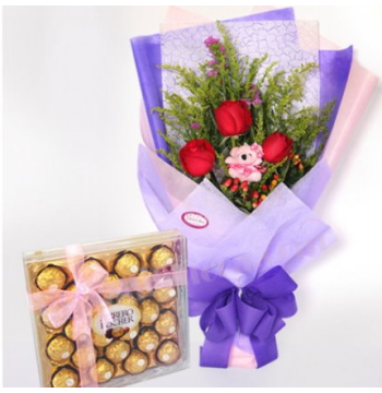 3 Red Rose,Bear with Ferrero Box Chocolate