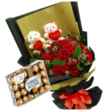 12 Red Roses,2 Bear with Ferrero Rocher Chocolates