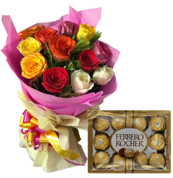 12 Mixed Roses Bouquet with Ferrero Chocolate