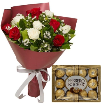 buy red white roses with 12 ferrero chocolates in manila