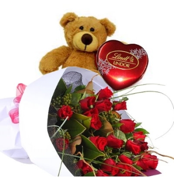 24 Red Roses, Bear with Lindt Chocolate