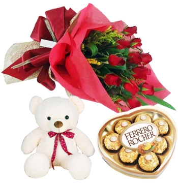 12 Red Roses Bouquet, Bear with Ferrero Rocher Chocolate