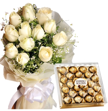 12 White Roses with Ferrero Chocolate Box