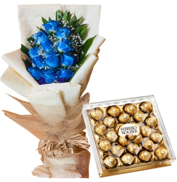 Valentines Gift to Manila - 12 Blue Roses with Ferrero