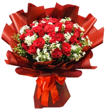 24 Red Roses with Greenery in Bouquet