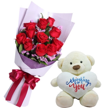 12 Red Rose Bouquet with White love Pillow Hug Bear Delivery to Manila Philippines