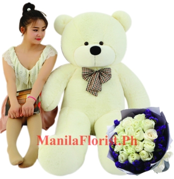 white rose bouquet with 4 feet giant teddy