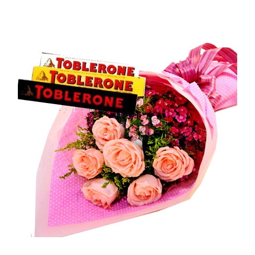 Half Dozen Pink Roses with Toblerone Chocolate