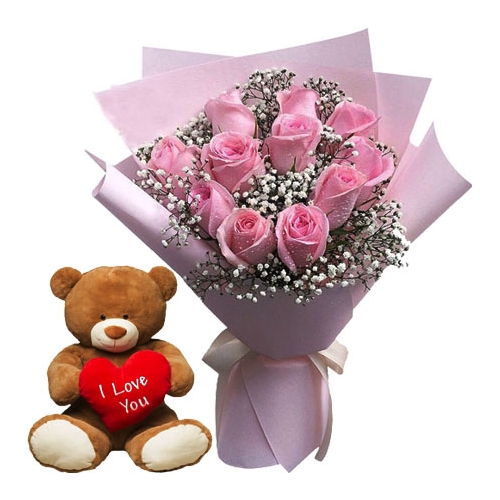 12 Pink Roses with Pink Bear w/ Love Pillow Send to Manila