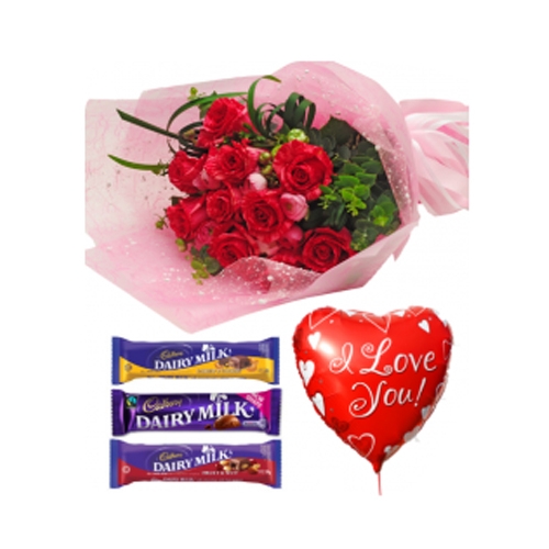 Red Roses,Cadbury Chocolate with Love U Balloon Send to Manila