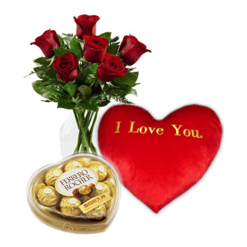 6 Red Roses,I love U Pillow with Ferrero Chocolate Box Send to Manila