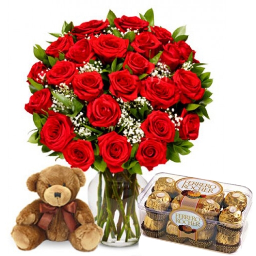 buy 24 red roses with bear and ferrero chocolate in manila