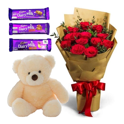 12 Red Roses Bouquet,Pink Bear with Cadbury Chocolates Send to Manila Philippines