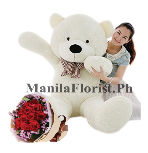 5 ft bear with red rose bouquet