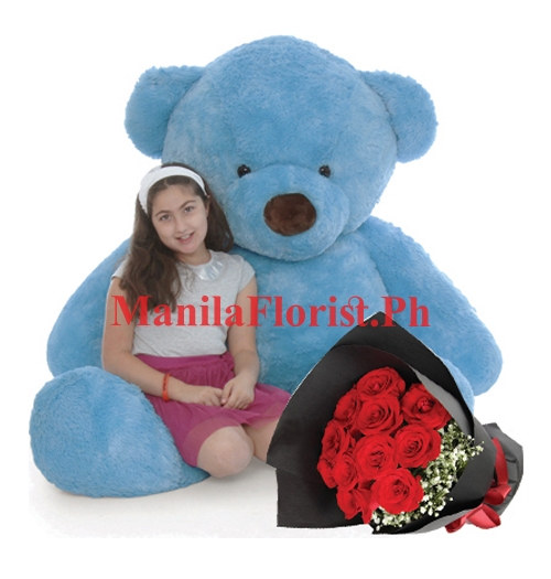 giant bear with red rose bouquet