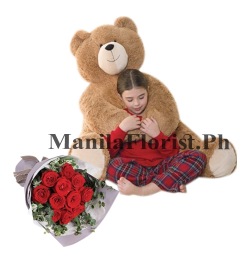 5 feet bear with red rose bouquet