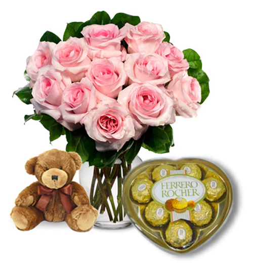 Pink Rose vase,Brown Bear with Ferrero Rocher Chocolate Send to Manila Philippines