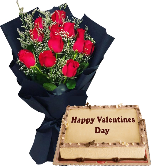 Valentines Gift Manila-Red Roses with Red Ribbon Mocha Cake