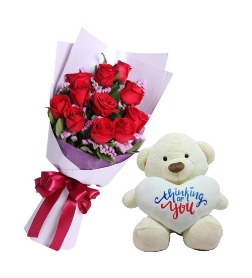 12 Red Rose Bouquet with White love Pillow Hug Bear Delivery to Manila Philippines