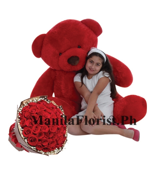 4 feet bear with rose bouquet