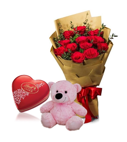 Red Rose bouquet,Pink Bear with Lindt Chocolate Send to Manila