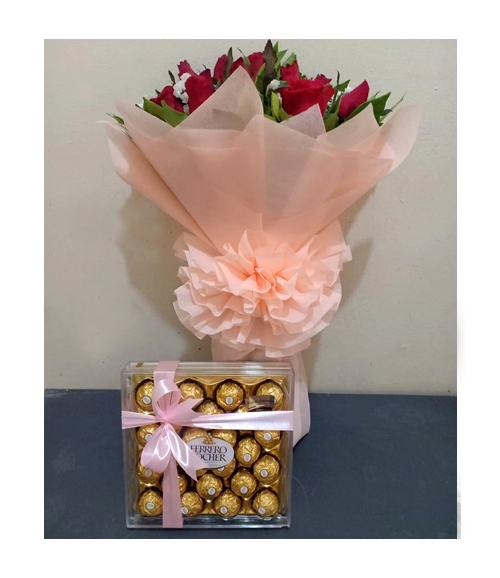 One Dozen Red Roses with 24 Pcs Ferrero