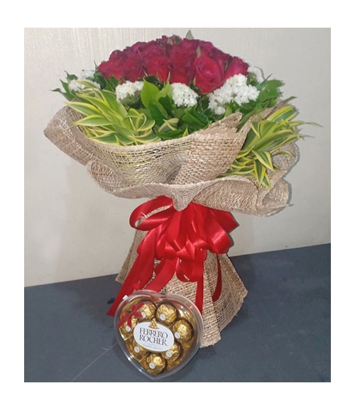 18 Red Roses with Ferrero Heart Box