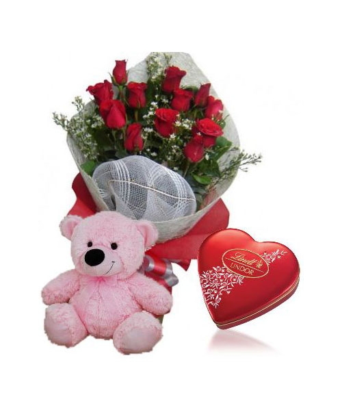 12 Red Rose bouquet,Pink Bear with Lindt Chocolate box Delivery to Manila Philippines