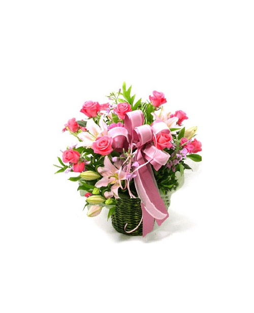 12 Pink Roses & 2 Pink Lilies in Basket to Manila Philippines