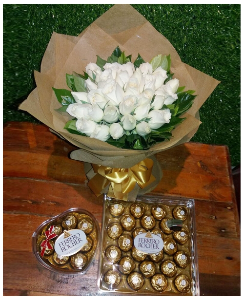 24 White Roses Bouquet with Chocolates Box