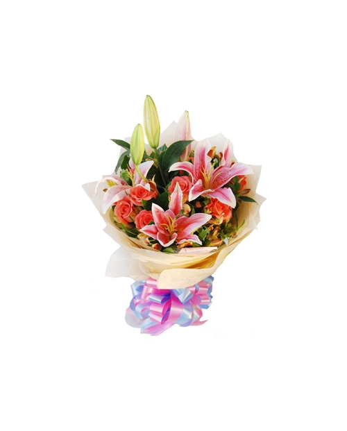 Pink Roses with 3 Stalks Perfume Pink lilies Bouquet Send to Manila Philippines