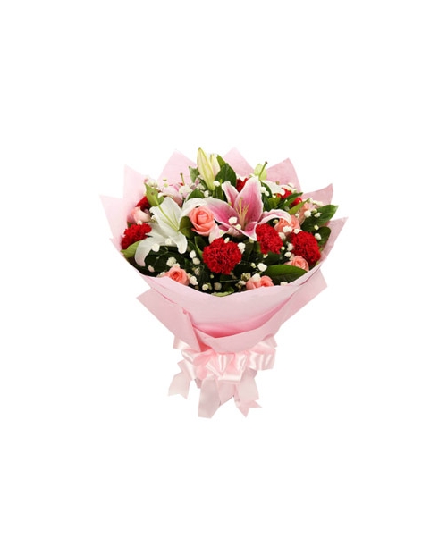 Pink Carnations,Pink Roses,9 Pink lilies, and 1 Perfume White lilies Send to Manila Philippines