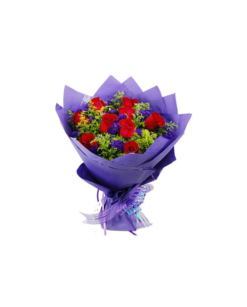 12 Red Roses in Blue Bouquet