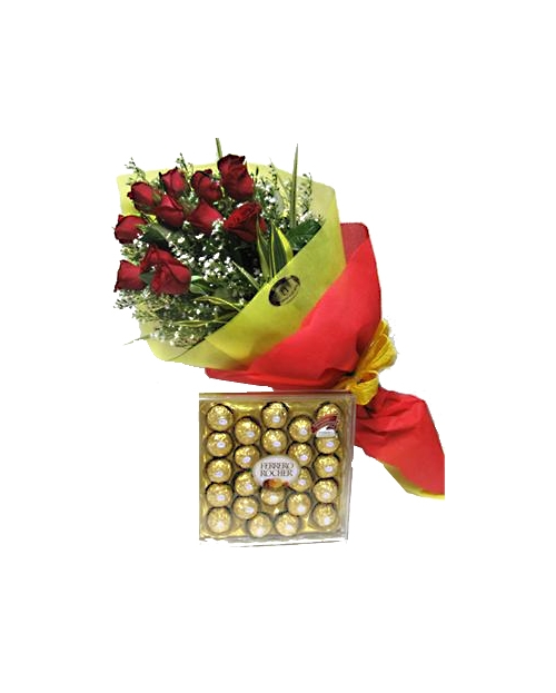 12 Red Roses with Ferrero Rocher Chocolate Box